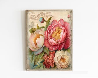 French Country Art Cottage Garden Summer Print - Vintage Floral Illustration (8 x 10)