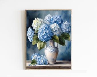 Watercolor Grandmillennial Blue Hydrangea Art Print, French Country Flowers (8x10)