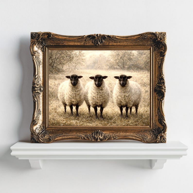 Vintage Sheep Print, Vintage Sheep Pastoral Landscape Painting ...