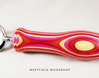 Full size Bottle Opener in Red, Pink and Cream colored woods and Chrome