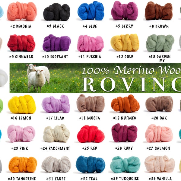 Merino Wool Roving, Premium Combed Top, 21 Micron, 1 Ounce Each