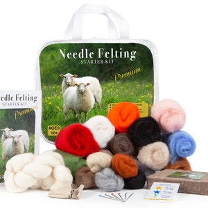 Complete Needle Felting Craft Starter Kit for Beginners, Roving, Merino, Maori, Color Coded Needles, Wool Felting Pad, Leather Finger Guards