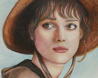 May include: A drawing of a woman with brown hair wearing a brown hat. She is looking to the right with a thoughtful expression. The drawing is done in colored pencil.