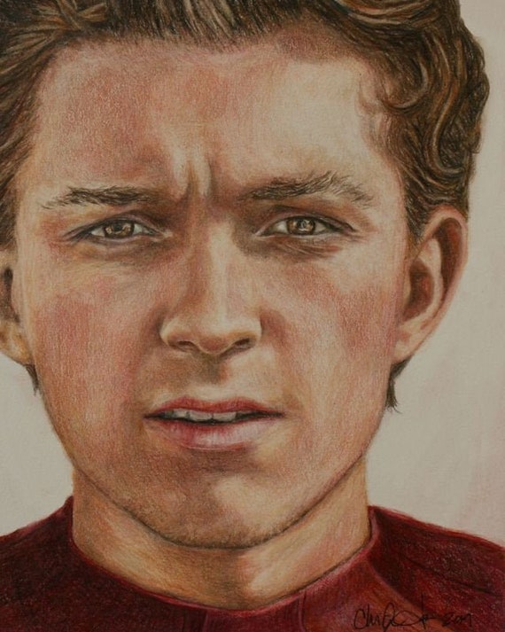 images Tom Holland Peter Parker Drawing spider man tom holland peter parker closeup druck der buntstiftzeichnung