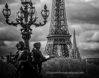Eiffel Tower Print: Paris Black and White Photography, Pont Alexandre III View