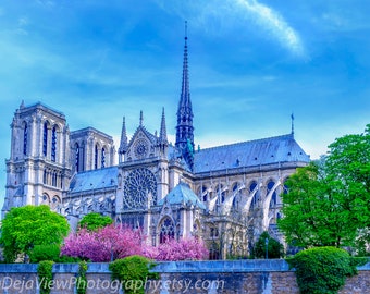 Notre Dame Cathedral Print: Paris Photography, Cherry Blossoms