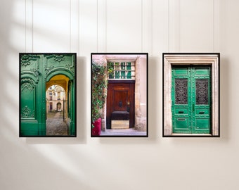 May include: Three framed images of doors in Paris, France. The first image shows a green door with ornate details and a glimpse of a courtyard. The second image shows a brown wooden door with a green window above it. The third image shows a double green door with black metal accents.