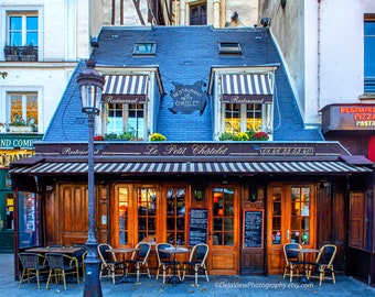 Le Petit Châtelet, Cafe Wall Art, Paris Photography, Romantic Sidewalk Café, French Cafe Wall Art, Home Decor, Paris Cafe Art, Cafe Decor