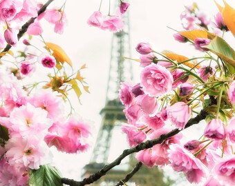 Eiffeltorenprint: roze kersenbloesems, fotografie Parijs