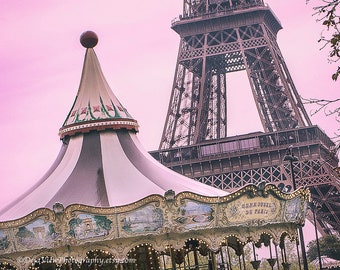 Paris Carousel Prints.Paris Baby Girl Nursery Decor.Carousel Wall Print.Paris Pink Decor.Paris Photography.Eiffel Tower and Carousel Print