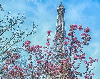 Kunstdruk kersenbloesem Eiffeltoren: fotografie Parijs
