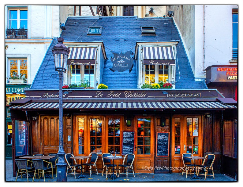Le Petit Châtelet, Cafe Wall Art, Paris Photography, Romantic Sidewalk ...