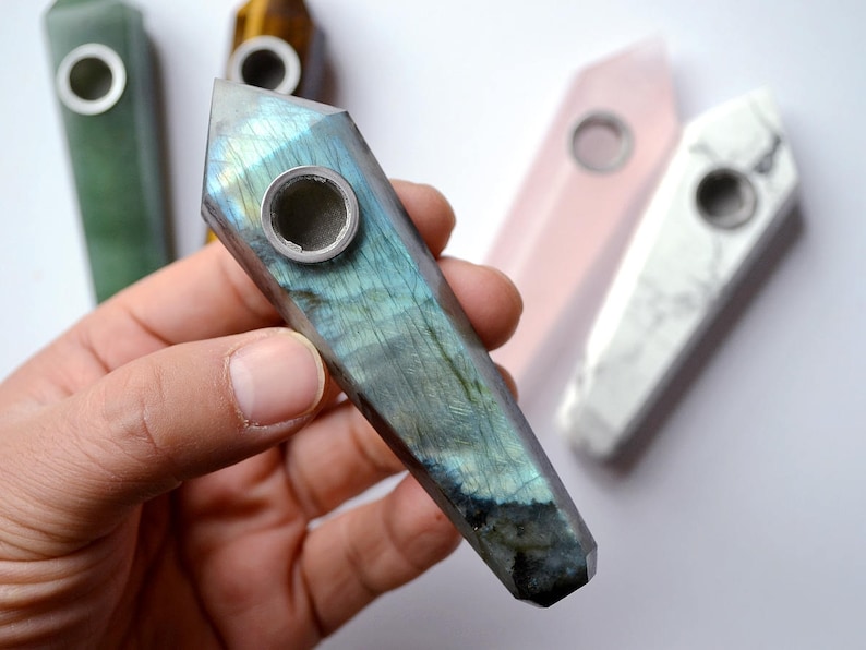 Crystal Pipe Natural Quartz Pipe Gemstone Pipe Stone Pipe Sparkle Pipe Cute Pipe Rose Quartz Obsidian Labradorite Amethyst Pipe For Gift 9# labradorite