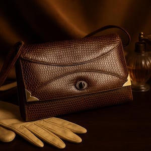 Könnte beinhalten: Eine braune, strukturierte Handtasche mit Klappenverschluss und kleinem Henkel. Die Tasche hat goldfarbene Eckakzente und einen runden Verschluss. Ein Paar beige Handschuhe und eine Parfümflasche sind ebenfalls zu sehen.