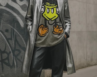 Silver Oversize Blazer Coat – Statement Metallic Outerwear – Viscose Neoprene Stretch – Unique Las Vegas Inspired Piece – Size L/XL