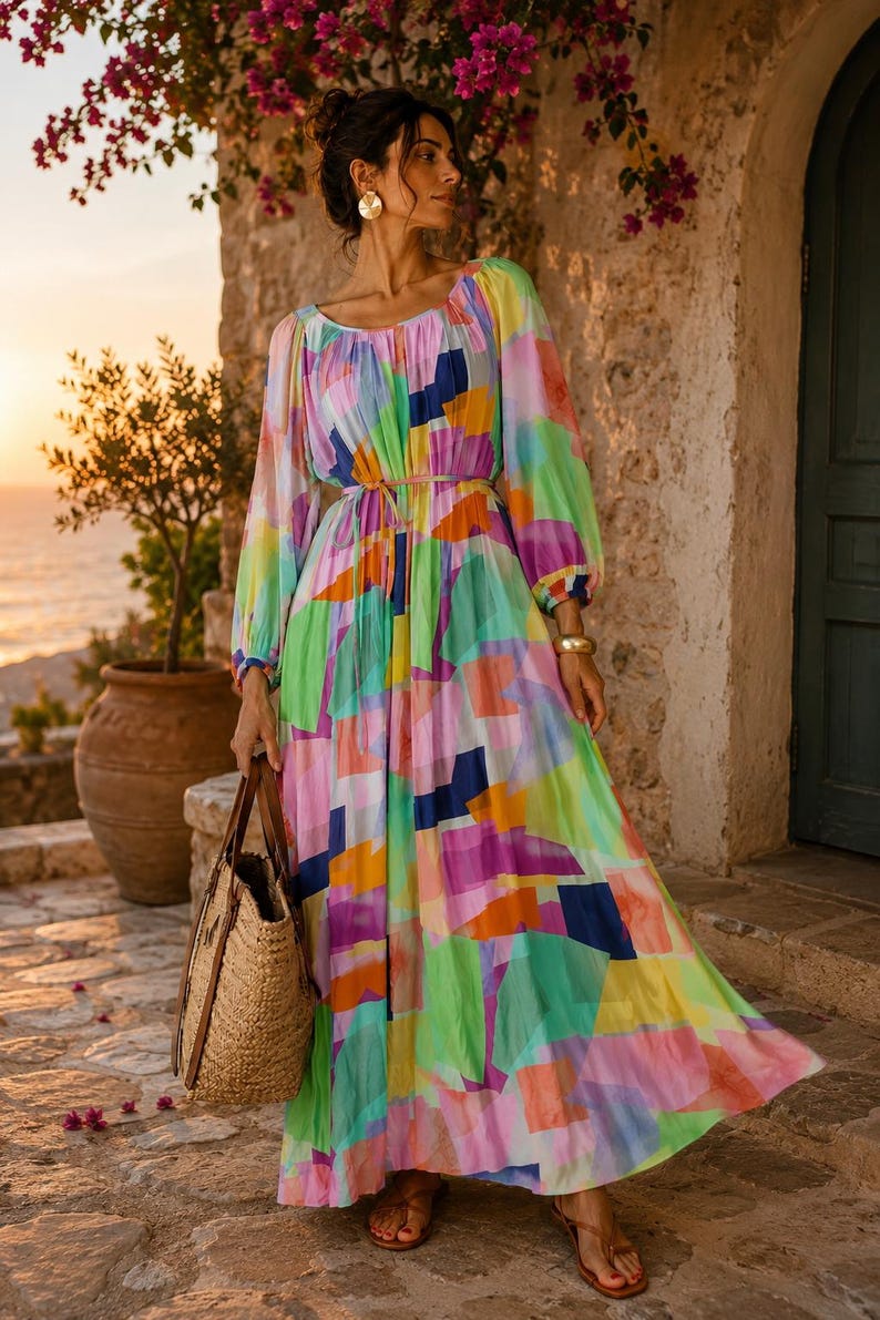 Pu&ograve; includere: Un abito lungo e colorato con maniche lunghe e un motivo geometrico nei toni del rosa, verde, blu e giallo. L'abito &egrave; stretto in vita con una sottile cintura e abbinato a una borsa tote in paglia. Lo sfondo presenta un muro di pietra e un tramonto.
