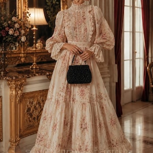 Könnte beinhalten: Ein bodenlanges, cremefarbenes Kleid mit einem rosa-braunen Blumenmuster, einem hohen, spitzenbesetzten Kragen, langen Puffärmeln mit gerüschten Manschetten und einem gestuften Rock. Eine kleine schwarze Perlenhandtasche mit Goldverschluss.