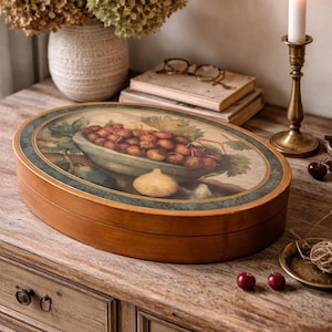 Antieke Art Nouveau houten doos met stilleven, ovale doos met deksel, Jugendstil, handgemaakte decoratieve opbergdoos