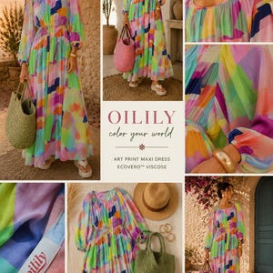 Pu&ograve; includere: Un abito lungo maxi colorato con una vivace stampa astratta nei toni del rosa, verde, blu e giallo. L'abito ha maniche lunghe e una gonna fluida. L'immagine include anche una borsa di paglia e il testo "OILILY color your world."