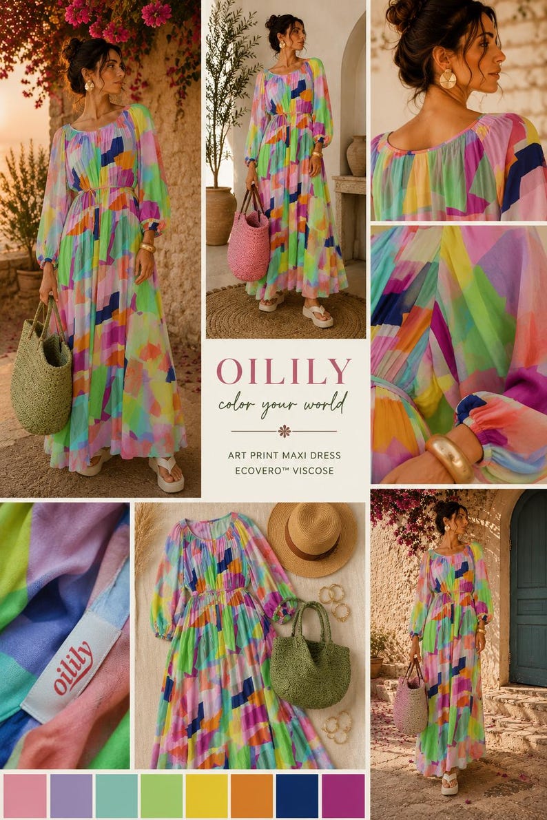 Pu&ograve; includere: Un abito lungo maxi colorato con una vivace stampa astratta nei toni del rosa, verde, blu e giallo. L'abito ha maniche lunghe e una gonna fluida. L'immagine include anche una borsa di paglia e il testo "OILILY color your world."