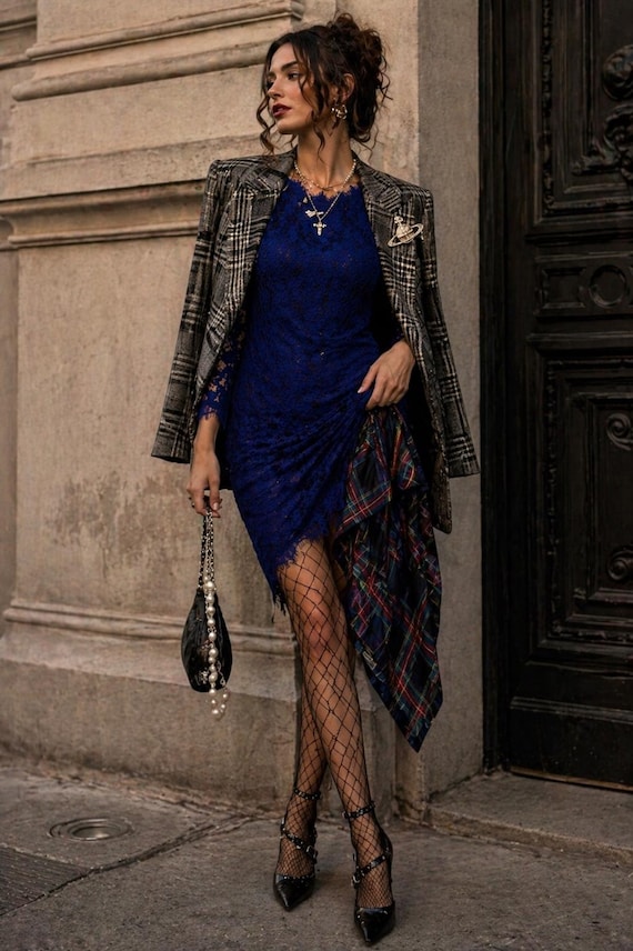 dvf blue lace dress Diane Von Furstenberg Royal Silk Lined Cocktail Dress Designer Evening Dress Gothic Glam US 2 3 quarter length sleeves allss Size 14 Shoes | Color:001-black with apricot