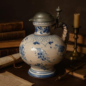 Antique Nuremberg Faience Jug with Pewter Lid | Hand-Painted German Pottery | Blue & White Ceramic Pitcher