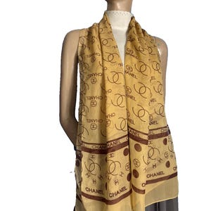 CHANEL silk scarf silk scarf chiffon logo pattern beige brown 155 x 50 cm