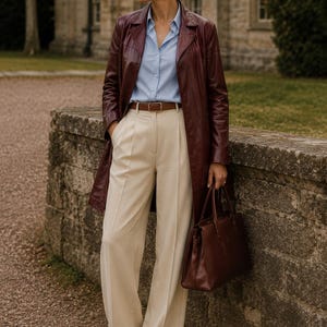 K&ouml;nnte beinhalten: Ein bordeauxroter Ledertrenchcoat &uuml;ber einem hellblauen Hemd mit Knopfleiste und einer cremefarbenen Hose mit weitem Bein. Das Outfit umfasst einen braunen Lederg&uuml;rtel, braune Leder-Loafer und eine passende bordeauxrote Ledertasche mit Henkeln.