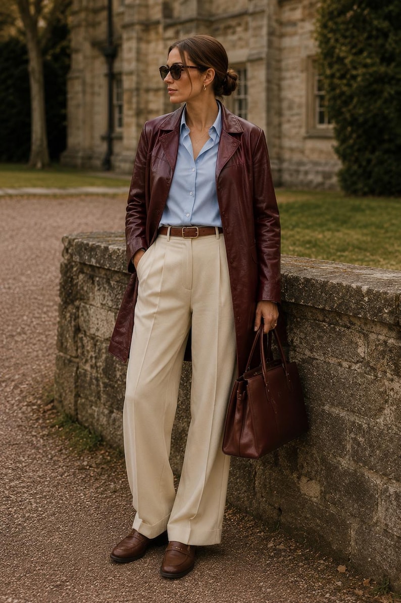 K&ouml;nnte beinhalten: Ein bordeauxroter Ledertrenchcoat &uuml;ber einem hellblauen Hemd mit Knopfleiste und einer cremefarbenen Hose mit weitem Bein. Das Outfit umfasst einen braunen Lederg&uuml;rtel, braune Leder-Loafer und eine passende bordeauxrote Ledertasche mit Henkeln.