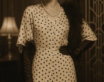 Raro abito vintage a pois degli anni '30 - Vita bassa, orlo a godet, maniche a kimono - Stile Art Déco prebellico - Vestibilità EU 40/42