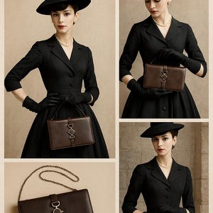 Pode incluir: Imagem de uma mala de mão em couro de réptil castanho com alça de corrente, de inspiração vintage. A mala tem formato retangular com um fecho decorativo. Inclui o texto "1950s Reptile Leather Luxury Bag | Dior-Inspired Vintage Look."