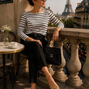 May include: A long-sleeve white shirt with horizontal black stripes, black trousers with a belt, a black structured handbag with a gold clasp, and metallic gold ballet flats with a circular emblem on the toe, worn with dark sunglasses.