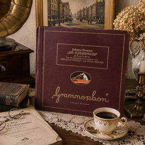 Könnte beinhalten: Eine Vintage-Szene mit Grammophon, Büchern und Kaffee. Ein weinrotes Album mit goldener Schrift trägt den Titel "Die Fledermaus" von Johann Strauss. Eine runde Brille liegt auf einem Buch. Ein goldfarbener Rahmen und eine Vase mit Trockenblumen vervollständigen die Szene.