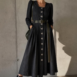 Vintage 70s Austrian Dirndl Dress Black Linen Ramie Military Buttons Gothic Dark Academia Midi Coat Style EU 36 38
