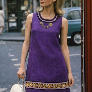 Authentic 1960s 70s Perry Boutique Purple A Line Shift Dress Mod Boho Vintage Size S US 4 6 Textured Rayon Folk Detail