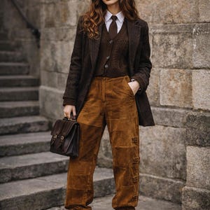 Pode incluir: Um conjunto castanho com blazer de tweed, colete de malha e calças de veludo cotelê. O traje inclui uma camisa branca, gravata castanha e uma pasta de couro castanha. O look é completado com um boné castanho, óculos e botas de couro.