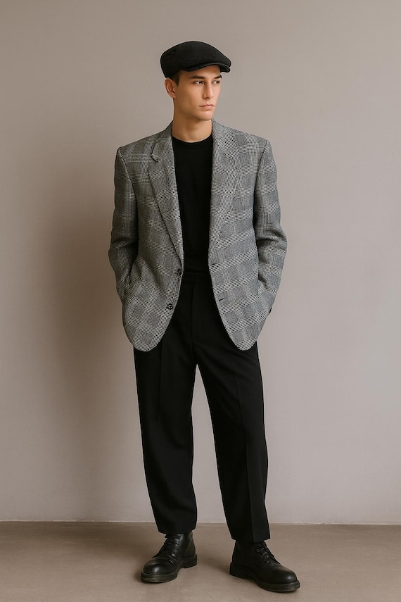 YSL Jacket Silk Wool Yves Saint Laurent Men Checked Dandy Vintage