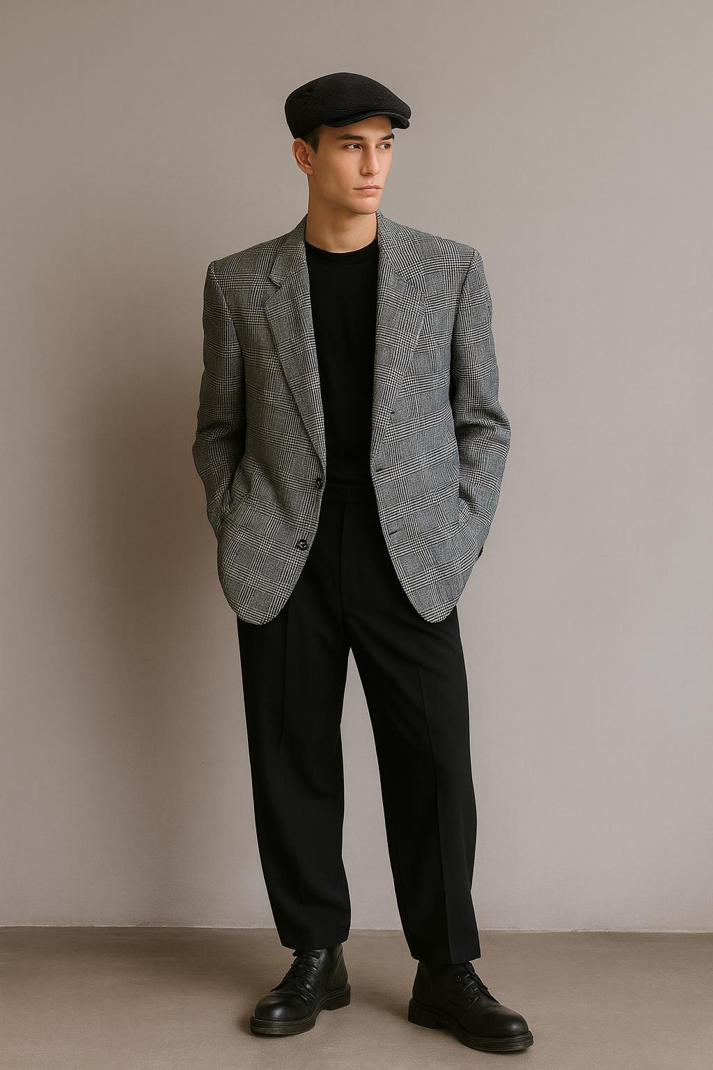 YSL Jacket Silk Wool Yves Saint Laurent Men Checked Dandy Vintage