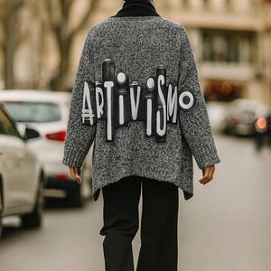 Unique Oversized Artivismo Cardigan – Upcycled Wool Knit, Pop Art Back, Eye Patch, Rhinestones – Size L–XXL (EU 44–48)