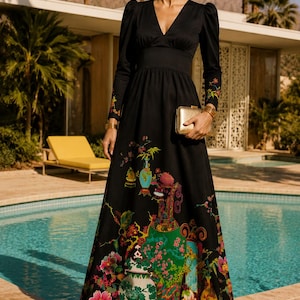 vera mont evening dresses 1970s Maxi Dress VERA MONT Paris, Psychedelic, Evening Dress S, Puff Sleeves, Long Dress Black Multicolored, Figure-hugging, Stand-up Collar