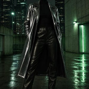 Könnte beinhalten: Ein langer, metallisch silberner Trenchcoat über einem schwarzen Rollkragenpullover, einer schwarzen Hose und schwarzen Stiefeln mit spitzer Zehenpartie. Das Outfit wird durch eine kleine, dunkel getönte ovale Sonnenbrille ergänzt.