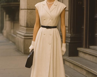 Abito camicia da marinaio vintage Jil Sander in cotone avorio con rayon e bottoni dorati, anni '50, abito midi a trapezio, taglia 38, elegante e minimalista.