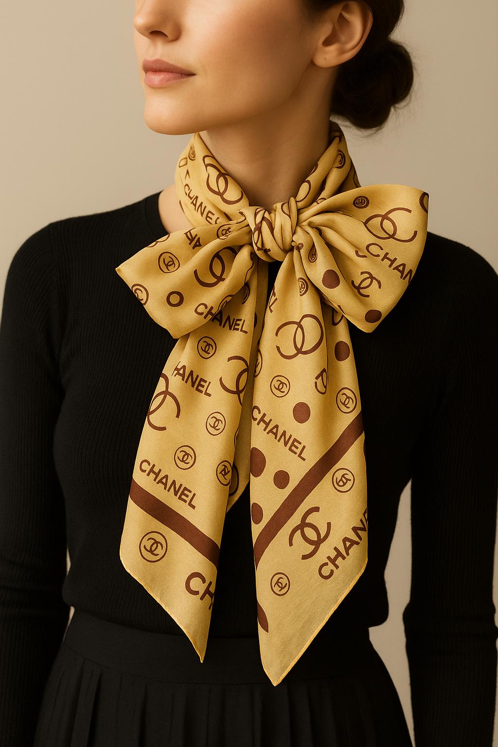 Vintage CHANEL Silk Scarf – Beige & Brown Logo Print – 100% Silk