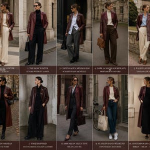 K&ouml;nnte beinhalten: Eine Collage aus zehn Outfits mit einem bordeauxroten Ledertrenchcoat, kombiniert mit verschiedenen Kleidungsst&uuml;cken wie cremefarbenen Hosen, schwarzen Rollkragenpullovern, wei&szlig;en Hemden, dunklen Hosen, blauen Jeans und schwarzen Kleidern, jeweils nummeriert.