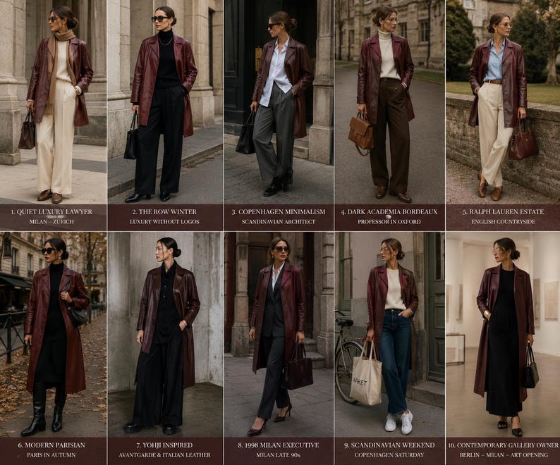 K&ouml;nnte beinhalten: Eine Collage aus zehn Outfits mit einem bordeauxroten Ledertrenchcoat, kombiniert mit verschiedenen Kleidungsst&uuml;cken wie cremefarbenen Hosen, schwarzen Rollkragenpullovern, wei&szlig;en Hemden, dunklen Hosen, blauen Jeans und schwarzen Kleidern, jeweils nummeriert.