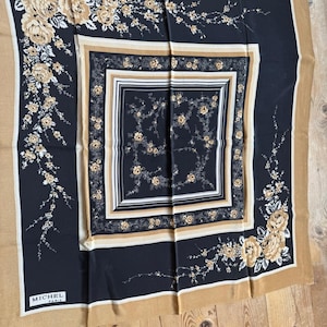 Silk scarf Michel Paris beige brown flowers 50s vintage 80 x 80 cm rare find