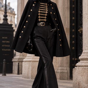 Vintage Black Military Cape Gold Lion Buttons Wool Cape Modern Victorian Dark Academia Equestrian Gothic Old Money Statement Coat S/M