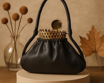 Antique Black Leather Evening Bag with Ornate Brass Lid & Expanding Scissor Frame | Rare Turn-of-the-Century Handbag | Circa 1900