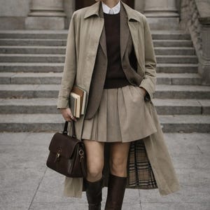 Könnte beinhalten: Eine Person trägt ein Outfit mit mehreren Schichten, darunter ein beigefarbener Trenchcoat, ein braunes Sakko und ein Faltenrock. Sie trägt eine dunkelbraune Tasche und Bücher. Sie trägt auch braune Stiefel und eine Brille. Das Outfit hat einen klassischen, preppy Stil.