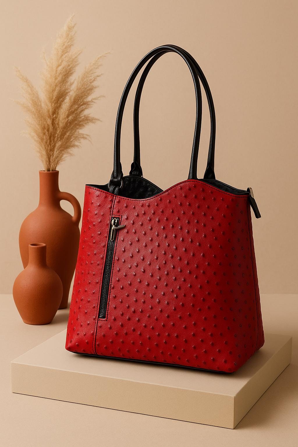 Vintage Italian Leather Ostrich Skin Textured Red Adjustable Backpack Red and Black Ostrich Embossed Leather Bag – Made in Italy  main image 3